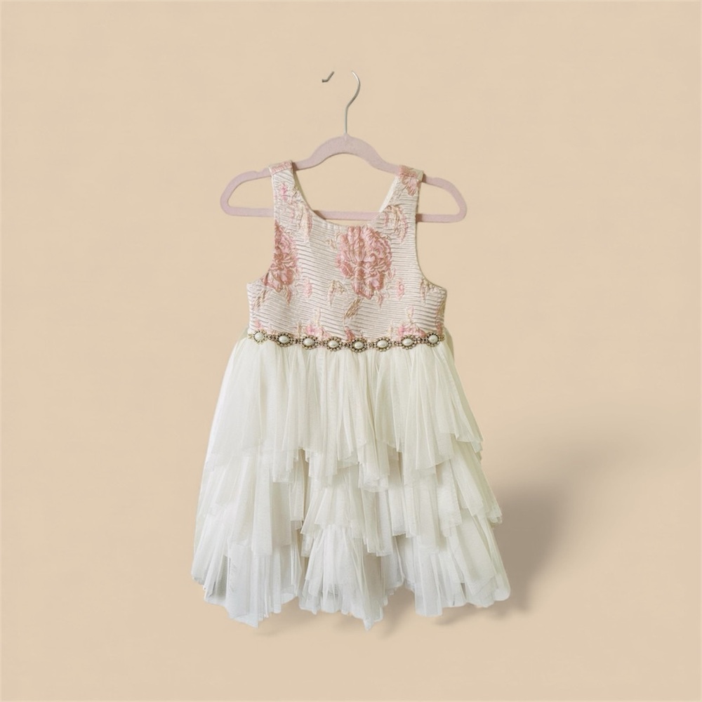 American Princess Size 6 White/Blush Floral Tulle Tiered Special Occasion Dress